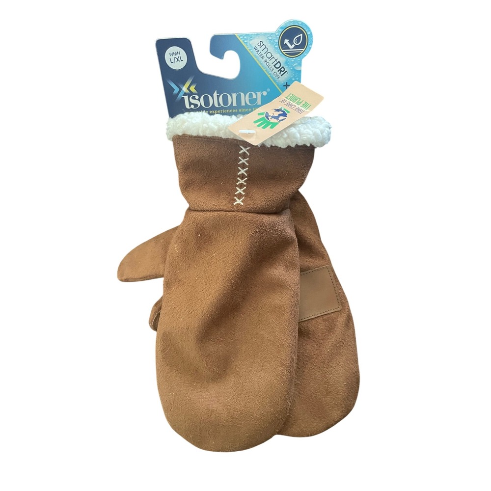 Isotoner Womens SmartDRI smarTouch Mittens Cognac Faux Suede Sherpa L/XL A579K2